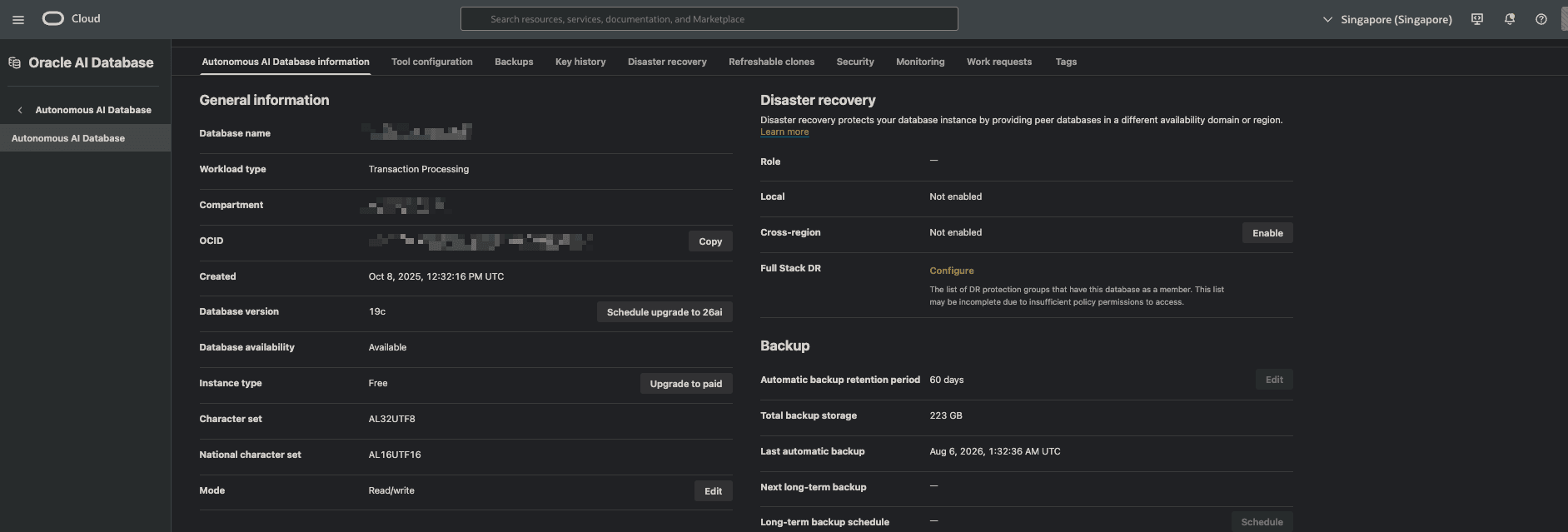 OCI Autonomous Database Console overview page
