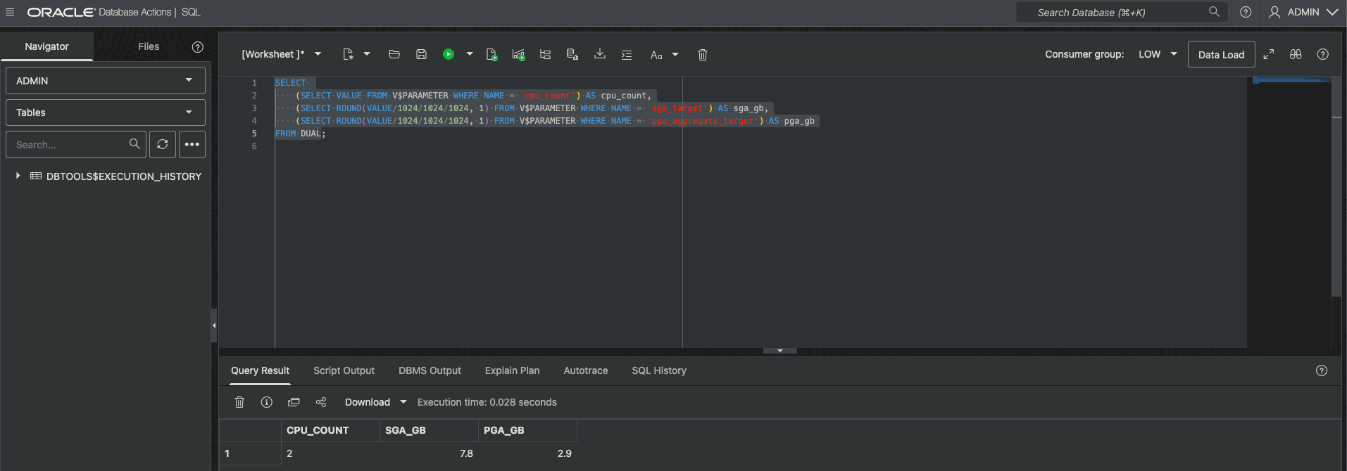 Database Actions SQL Worksheet — write SQL queries directly in the browser